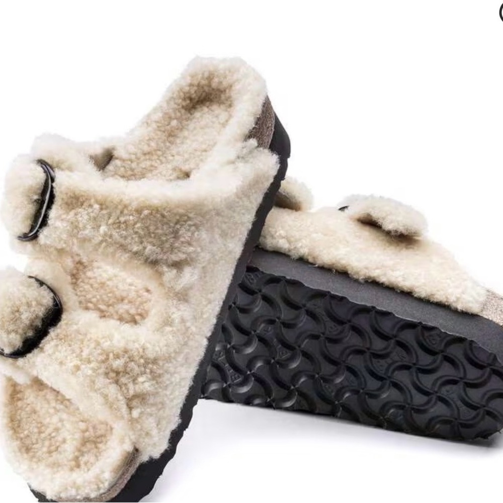Birkenstock Tan Teddy Fuzzy Big Buckle Arizona Sandals